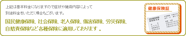 上記は基本料金になりますので症状や施術内容によって別途料金をいただく場合もございます。 国民健康保険、社会保険、老人保険、傷害保険、労災保険、自賠責保険など各種保険に適用しております 。